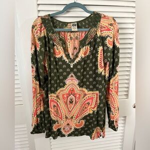 Lucky Brand VTG Suitable for Framing Green Floral Print Boho Knit L\S Top L